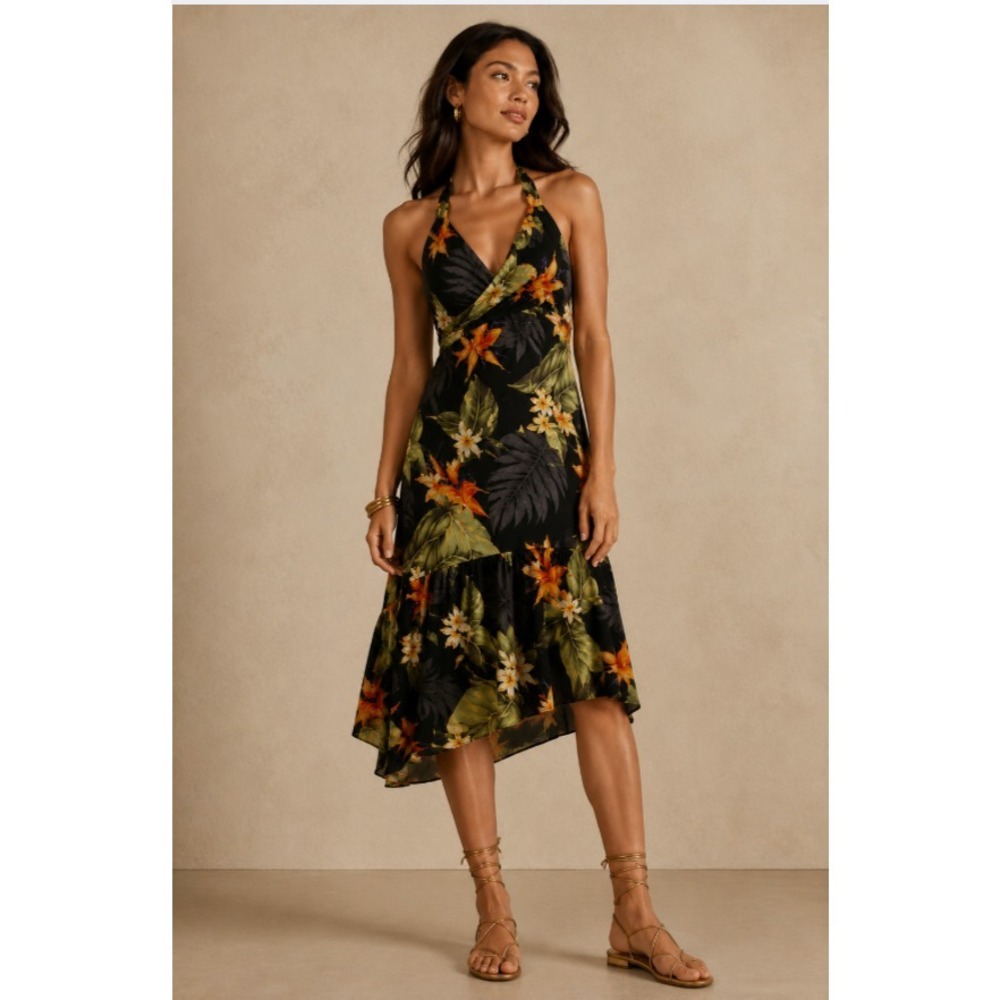 Pacific Legend Hawaiian Midi Sun Dress Sz S Tropical Asymmetrical Vintage Y2K